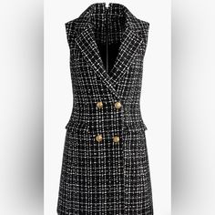 A Wool-Tweed Dress Is Rendered In Beloved Black And White And Lined With A Double Row Of Brassy Buttons. Never Worn. Tweed Dress Combat Boots, Tweed Sleeveless Dress, Elegant Sleeveless Tweed Mini Dress, Sleeveless Tweed Mini Dress For Work, Black Sleeveless Tweed Dress, Sleeveless Black Tweed Dress, Sleeveless Tweed Dress For Winter, Elegant Sleeveless Tweed Dress For Winter, Fitted Sleeveless Tweed Dress For Winter