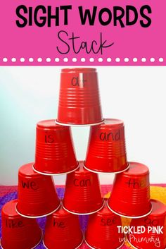 a stack of red plastic cups with the words sight words stacked on top of each other