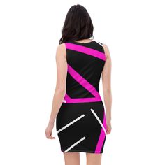 Womens Stretch Fit Bodycon Dress, Black And Pink Pattern. Discover the ultimate in comfort and style with our women's stretch fit bodycon dress. This figure-hugging dress is designed to accentuate your curves, making it perfect for parties, nights out, or any special occasion. Made from premium, stretchy fabric, it provides a snug yet comfortable fit, allowing easy movement. The bodycon silhouette highlights your shape, while the knee-length cut and sleeveless design add a touch of sophistication. Pair it with your favorite heels and accessories for a stunning look. Ideal for those seeking a versatile and stylish addition to their wardrobe, this dress is a must-have. Make a statement and look fabulous in this fitted dress. * 82% polyester, 18% spandex * Fabric weight: 6.78 oz/yd² (230 g/m² Pink Bodycon Dress In Elastane, Black Stretch Sheath Bodycon Dress, Black Elastane Sheath Bodycon Dress, Fitted Black Elastane Midi Dress, Black Fitted Elastane Midi Dress, Black Fitted Elastane Dresses, Knee-length Black Elastane Bodycon Dress, Black Fitted Mini Bandage Dress, Fitted Pink Bodycon Dress For Club