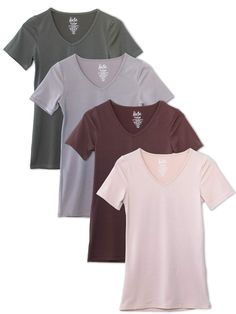 PRICES MAY VARY. 4-Pack Women's V neck Short Sleeve Tees Longer Length - Hits Below the Hip Arms are Slightly Longer than Typical Classic Vneck Dip - Not Super Deep Soft, Comfy, & Stretchy Fabric 4 Pack Women's V Neck T-shirts with Short Sleeves. Sleeves are slightly longer than traditional t-shirts. The vneck is not a deep v - but rather a class cut v. Longer length hits below the hip. Body hugging fit is great for layering and also good on it's own. Super soft feeling material that adds to the Long Tee, Scoop Neck Tee, Basic Shirts, Fall Clothes, Tees For Women, Tunic Length, Amazon Women, Base Layer, Women Tops