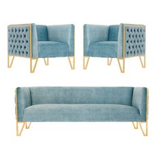 two blue velvet sofas with gold legs