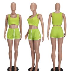 Solid Color Sportswear Ribbed Two Piece Shorts Set Solid Color Activewear For Gym, Casual Solid Color Activewear For Gym, Casual Solid Color Workout Activewear, Athleisure Solid Color Summer Activewear, Solid Color Summer Athleisure Activewear, Green Athletic Shorts For Loungewear And Athleisure, Green Athletic Shorts For Loungewear, Green Athleisure Athletic Shorts For Loungewear, Casual Sports Shorts Solid Color