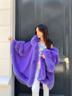 #ad Great Shopping Poncho Purple Cape Fox Fur Womens Cashmere Overcoat Cloak Handmade Standard Size, Fashion womens jacket Cape Overcoat, Long Cloak, Purple Cape, Aquarius Rising, Womens Poncho, Poncho Jacket, Fluffy Jacket, Color Combinations For Clothes, Purple Jacket