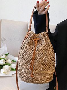 Bird in Bag - Boho Style Drawstring Straw Woven Handbags – Spring/Summer Collection: A Chic Crossbody Bag for Holiday and Daily Travel Chic Crossbody Bag, Woven Handbags, Holiday Bag, Spring Summer Collection, Bird In Bag, Color Khaki, Exquisite Design, Boho Style, Summer Collection