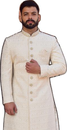 White Embroidered Sherwani For Ceremony, White Traditional Wear For Eid Ceremony, White Traditional Wear For Ceremony On Eid, White Bandhgala For Groom With Pallu Detail, White Traditional Drape Sherwani For Ceremony, White Bandhgala With Pallu For Groom, White Bandhgala With Intricate Embroidery For Ceremonies, Traditional Sherwani With Chikankari Embroidery For Ceremony, White Traditional Wear For Diwali Ceremony