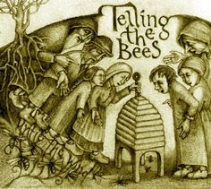 a drawing of some people in front of a tree with the words telling the bees on it