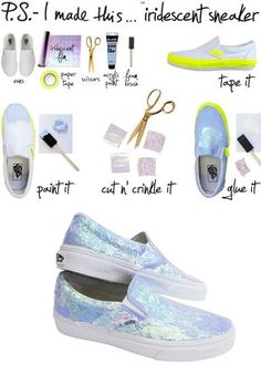 a pair of white shoes with different types of items on them and the words p s i made this