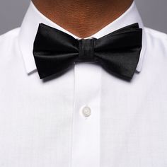 Classic, timeless and perfect for any formal evening. Choose our black satin bow tie and introduce yourself as Bond, James Bond. | Men's Tie Bar: Solid Satin Bow Tie - Self Tie - Oversized, In Black, Silk Satin Tuxedo For Black-tie Events, Solid Color Bow Tie For Party, Classic Satin Tuxedo For Formal Occasions, Classic Ties For Party, Classic Solid Color Ties For Party, Fitted Satin Tie For Black Tie Occasions, Elegant Satin Tuxedo For Party, Black Party Suit And Tie Accessories With Bow Tie, Classic Black Bow Tie And Suit Accessories