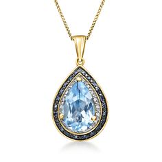 Ross-Simons - 5.50ct Sky Blue Topaz, .20ct t. w. Blue Diamond Pendant Necklace, White Diamond Accents Over Sterling. 18". Positively regal and exceptionally radiant, our pendant necklace provides unmatched elegance. An ethereal 5.50 carat pear-shaped sky blue topaz gem is framed by .20 ct. t. w. white and blue diamonds in 18kt yellow gold over sterling silver. Party-ready and also perfect for a date night! Black rhodium. Box chain. Springring clasp, diamond and sky blue topaz pendant necklace. O Blue Topaz Pendant Necklace, Silver Party, Blue Diamonds, Diamond Birthstone, Blue Topaz Pendant, Topaz Pendant, Sky Blue Topaz, Necklace White, Black Rhodium