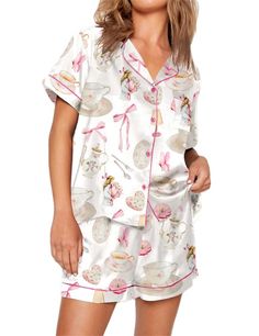 PRICES MAY VARY. Cute Design: Women 2 piece casual sets, longe sets for women, pajamas set for women, cute cartoon, fruit printing, long sleeve, 1 breast pocket, front button closure and lapel collar. Matching with high waist shorts, elegant and cozy to wear. Soft Material: The 2-piece pajama set for women is made of 95% polyester and 5% spandex, soft, breathable, lightweight, smooth, skin friendly and cozy to wear. Occasions: Casual daily wear, streetwear, party, night out, nightwear, sleepwear Loungewear Outfit, Summer Sleepwear, Satin Nightwear, Short Satin, Satin Pajama Set, Chic Summer Outfits, Satin Pajama, Button Down Short Sleeve, Nightwear Women