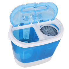 a blue and white portable washing machine with two compartments on the front, open to show water inside