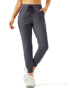 Women's Joggers Pants Pockets Drawstring Running Sweatpants For Women Lounge Workout Jogging Dark Grey    Knitted Fabric Plain Jogger Medium Stretch All Women Activewear, size features are:Bust: ,Length: ,Sleeve Length: Athleisure Joggers With Drawstring, Sports Trousers With Drawstring, Sporty Joggers With Drawstring, Sporty Drawstring Trousers, Gray Drawstring Workout Bottoms, Tapered Leg Joggers With Drawstring And Loose Fit Hips, Stretch Sweatpants With Drawstring In Sportswear Style, Solid Color Activewear With Drawstring Long Pants, Stretch Sweatpants With Drawstring