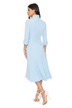 Our Kensington sheath offers a chic and relaxed fit. Cut from our Double Face Viscose Blend, this dress features a soft v-neckline, stand up collar, fitted bodice and full trumpet skirt. Dress falls 45 1/2Ó from shoulder. Fully lined with center back invisible zipper. Dress: 62% Polyamide, 33% Viscose, 5% Elastane. Lining: 95% Polyamide, 5% Elastane. Dry Clean with Care. Made in USA of Imported Materials. Alt Bride, Beautiful Wardrobe, Trumpet Skirt, Zipper Dress, Black Halo, Stand Up Collar, Evening Cocktail, Lilac Dress, Flattering Dresses