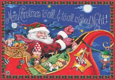 a christmas card with santa claus riding on a sleigh and other characters around it