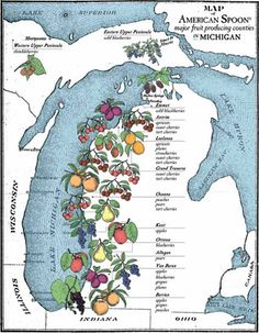 a map of michigan with many different fruits on it