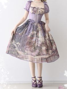 This price includes a dress only, others are not included.  Capture the essence of classic Lolita style with this stunning dress. The basque waist design creates a flattering silhouette, while the square neckline and puff sleeves add a touch of elegance. The intricate oil painting print features vibrant floral details, making this one piece dress a charming addition to any wardrobe. Embrace your love for Lolita fashion with this exquisite piece that effortlessly combines timeless beauty with mod Spring Fitted Underbust Corset Dress, Fitted Vintage Dress For Dress Down Summer, Fitted Vintage Dress For Dress Down Summer Events, Fitted Vintage Dress For Summer Dress-down, Summer Underbust Dress With Corset Back, Spring Empire Waist Fitted Corset Dress, Summer Corset Dress With Fitted Bodice And Short Sleeves, Summer Corset Dress With Short Sleeves And Fitted Bodice, Vintage Summer Dresses With Corset Back