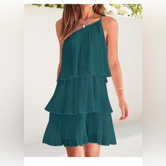 Nwt Color: Teal Product Details Fabric Type One Hundred Percent Polyester Care Instructions Machine Wash Origin Imported Closure Type Tie About This Item Small/Us 4-6, Medium/Us 8-10, Large/Us 12-14, X- Large/Us 16-18. All The Colors Are Lined. Charming And Elegant. Boho Beach Dress Features Spaghetti Straps, Straight Neck, Elastic High Waist, Solid Color, Cute Ruffle Tiered Skirt, Sexy Backless Style, With Above Knee Length, The Chic One Shoulder Design Better To Show Your Beautiful Shoulders A Chic Sleeveless Chiffon Dress With Spaghetti Straps, Chic Chiffon Sleeveless Dress With Spaghetti Straps, Sleeveless Chiffon Dress With Ruffles For Beach, Chiffon Sleeveless Beach Dress With Ruffles, Chiffon Sleeveless Dress With Ruffles For Beach, Fitted Sleeveless Chiffon Ruffle Dress, Chic Flowy Sleeveless Chiffon Dress, Chic Flowy Chiffon Sleeveless Dress, Chic Sleeveless Chiffon Flowy Dress