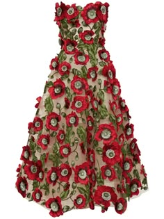 multicolour tulle panel floral embroidery strapless concealed rear zip fastening silk lining Poofy Dresses, Cream Outfit, Poppy Dress, Embroidered Midi Dress, Red Floral Dress, City Dress, Red Midi Dress, Van Cleef Arpels, Couture Collection