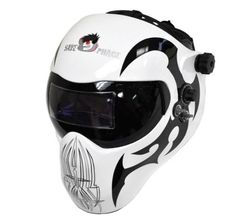 a white helmet with black flames on the face and visor is shown against a white background