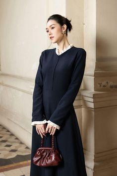 Elegant Midi Dress With Bishop Sleeves For Daywear, Elegant Cotton Dresses With Bishop Sleeves, Feminine Long Sleeve Fall Dresses, Classic Long Sleeve Midi Dress, Classic Long Sleeve A-line Dress For Fall, Classic Long Sleeve Fall Dresses, Modest Long Sleeve Cotton Dress, Elegant Cotton Midi Dress For Formal Events, Elegant Cotton Midi Dress For Formal Occasions