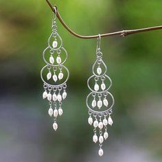 Cultured pearl & sterling silver chandelier earrings, 'Moonlit Orbs' from Indonesia - Inexpensive earrings Chevron Bracelets, White Stone Earrings, Beading Jewelry Ideas, Wire Wrap Earrings, Pearl Chandelier Earrings, Pearl Chandelier, Silver Chandelier Earrings, Silver Chandelier, Making Jewellery