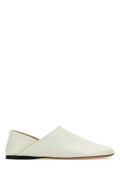 White Leather Toy Loafers from Loewe Cream Leather Flat Slip-ons, Modern White Slip-on Loafers, White Slip-on Flats With Removable Insole, White Leather Slip-on Flats, Modern White Flats With Leather Sole, White Slip-on Flats With Rubber Sole, White Slip-on Flat Slippers, White Leather Footbed Flats With Round Toe, Modern White Slip-ons With Rubber Sole