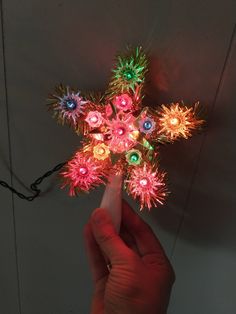 a hand is holding up a star shaped decoration with multicolored lights on it