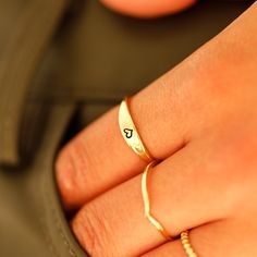 14k Gold Initial Ring Engraved Stacking Ring for Women. Custom Wedding Bands and Rings Discover Unique, Handcrafted. Yellow Gold / White Gold / Rose Gold - Our 14k Solid Gold Pieces are made to last forever. 14k Gold will not oxidize or discolor, you can wear everyday. DESCRIPTION: ○ Material: 14k Solid Gold ○ Finish: Yellow Gold, Rose Gold, White Gold ○ Ring thickness is 1.55mm, Engravable Plate Thickness is 2.55mm. SHIPPING: ○ FREE SHIPPING, Fast, and Secure Worldwide Shipping. ○ Orders are typically processed within 1-4 business days and shipped via USPS.  ○ Please inform us in case you have any special occasions such as Birthday, Wedding Day, and Anniversary etc. PACKAGING: ○ We package up your order with the utmost care and attention to detail. ○ Gift packaging is available upon reque Gold Signet Ring As Promise Ring, Gold Signet Ring With Open Band For Promise, Gold Signet Ring With Open Band, Anniversary Rings With Tarnish Resistant Open Band, 14k Stamped Promise Heart Ring, 14k Stamped Heart Promise Ring, Yellow Gold Engraved Promise Ring, Tarnish Resistant, 14k Gold Engraved Midi Rings For Wedding, Tarnish Resistant Engraved Yellow Gold Promise Ring