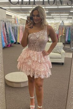 one shoulder pink appliques tiered ruffles A-line short homecoming dress party dress #homecoming2023 Dresses For Homecoming, Pink Homecoming, Pink Homecoming Dress, A Line Shorts, Short Homecoming Dress, Tulle Fabric, Homecoming Dress, Dress Party, A Line Skirt