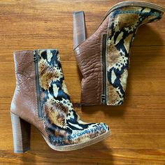 The Coolest Free People Pony Hair Snake Print Heels With Leather Detail. Zip On Sides. Blue Stitching At Toes Ankle Boots Animal Print Boots Fp Boots Boho Style Snake Print Heels, Animal Print Boots, Leather Detail, Free People Shoes, Pony Hair, Printed Leather, Leather Ankle Boots, Snake Print, Boho Style