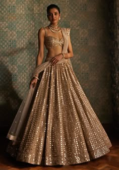 a woman in a gold and silver lehenga