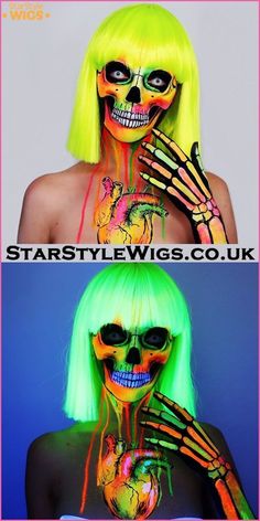 Neon Wig, Neon Skeleton, Neon Skull, Halloween Make-up Looks, Wig Bob, Celebrity Wigs, Skeleton Makeup