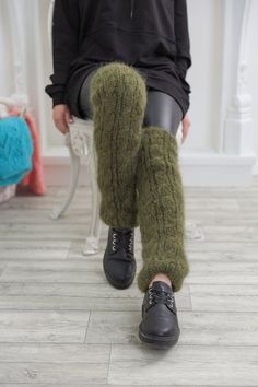 "Hand knit 2 strands qualuty bruch mohair Legwarmers DETAILS - Made from Premium mohair - The model is 170 cm tall (regular S) - The sweater on picture is one size - As mostly all models in our shop the sweater is loose fit - Color on photo -green FOR MORE For all our listings visit - https://www.etsy.com/shop/MOLIMARK For more Knit Sweaters READY TO SHIP visit - https://www.etsy.com/shop/MOLIMARKS?ref=seller-platform-mcnav§ion_id=28201384 For more Wool Sweaters visit - https://www.etsy.com/shop Cozy Handmade Knitting Pattern, Hand Knitted Snug Cozy Leg Warmers, Cozy Hand Knitted Leg Warmers, Cozy Hand Knitted Snug Leg Warmers, Cozy One Size Cable Knit Leg Warmers, Winter Soft Knit Fitted Knitting Pattern, Fitted Soft Knit Winter Knitting Pattern, Cozy One-size Cable Knit Leg Warmers, Cozy Fitted Knitting Pattern