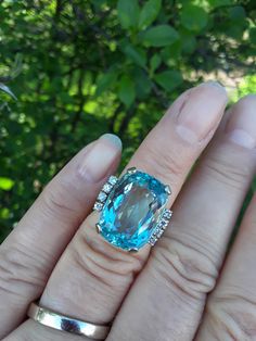 Absolutely Stunning 14k White Gold Diamond Aquamarine ring... Perfect Vintage Pre Owned Condition. Size 5, sizable. Weight 9.05 Grams. Color of Aquamarine is light to Medium blue, in depend on lighting. Aquamarine is about 18mm x 13mm.. Some Pics ENLARGED to see details. check Measurements please. all sales are final. Antique Box for Display Only. Gold and diamonds was tested by jeweler. Luxury Diamond Gemstones For Wedding, Elegant Gemstones With Diamond Accents For Wedding, Elegant Wedding Gemstones With Diamond Accents, Luxury Cushion Cut Gemstones For Wedding, Dazzling Formal Gemstones With Diamond Accents, Formal Dazzling Gemstones With Diamond Accents, Platinum Topaz Gemstone Ring For Wedding, Fine Jewelry Gemstones With Diamond Accents For Wedding, Wedding Fine Jewelry Gemstones With Diamond Accents