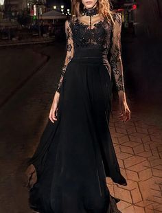 A-Line Evening Gown Vintage Dress Masquerade Floor Length Long Sleeve High Neck Black Dress Chiffon with Appliques Long Sleeve Lace Evening Dress For Banquet, Sheer Bodice Maxi Dress For Banquet, Floor-length Prom Dress With Sheer Sleeves, Elegant Full Length Chiffon Dress, Formal Floor-length Chiffon Maxi Dress, Sheer Floor-length Evening Dress, Maxi Chiffon Dress For Prom Season Banquet, Maxi Length Chiffon Dress For Prom Season Banquet, Fitted Lace Patchwork Maxi Dress For Party