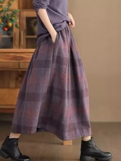 Olivia Mark - Winter Plaid A-Line Skirt with Color Weave, Warm and Elastic High Waist Long Skirt Postpartum Fashion, Harajuku Clothes, Modest Mouse, Plaid Wool Skirt, High Waist Long Skirt, Life Matters, Winter Plaid, Teacher Clothes, Plaid Outfits