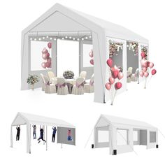 an outdoor event tent with balloons and chairs