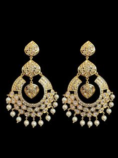 Gold plated chandbali earrings made using ad stones and Cz Polki combination pearls used length 4 inches Chandbali Earrings, Silver Jewelry Earrings, Silver Jewelry Pendant, Jewelry Design Necklace, Pendant Set, Bridal Sets, Pendant Jewelry, Jewelry Stores, Necklace Set