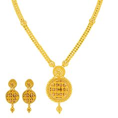 Adorn yourself with beautiful 22k yellow gold necklace and earring set from Virani Jewelers, a perfect blend of traditional Indian jewelry design and modern elegance. The intricate beaded details and gleaming gold create a stunning look that complements any bridal or traditional dress. This 22k gold necklace and earring set is perfect for those who value superior craftsmanship and timeless style. Add a touch of sophistication to your outfit with this beautiful 22k gold jewelry set, a testament t Festive 22k Yellow Gold Jewelry, Yellow Temple Jewelry With Filigree, Traditional Yellow Gold Plated Temple Necklace, Traditional Yellow Jewelry With Intricate Design, Traditional Yellow Necklace With Intricate Design, Gold Plated Yellow Jewelry With Intricate Design, 22k Yellow Gold Temple Necklace With Intricate Design, Yellow Gold-plated Jewelry With Intricate Design, Diwali Yellow Gold Round Jewelry Sets