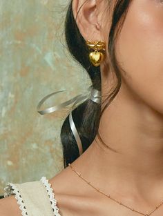 Gold Ribbon Heart Earrings | En Route Jewelry En Route Jewelry, Ribbon Heart, Gold Heart Earring, Gold Ribbon, Jewelry Lookbook, Gold Ribbons, Girly Jewelry, Jewelry Inspo, Dream Jewelry