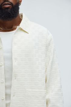 Available In Off White. Fold Down Collar Front Button Closure Front Pockets Long Sleeve Shell: 97% Polyester 3% Elastane Lining: 100% Polyester Imported | Mens Gene Textured Weave Button Up Shirt in Off White size 3XL by Fashion Nova Off White Fashion, White Fashion, Button Up Shirt, Fashion Nova, Button Up Shirts, Button Up, Weaving, Mens Shirts, Off White