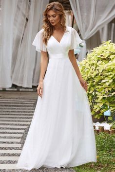 This romantic short sleeves bridesmaid dress features a deep V neckline, empire waist, flutter sleeves, and subtle tulle hemline. It is friendly to most body types. If you want to have an flowy tulle bridesmaid dress with short sleeve, then this maxi tulle bridesmaid dress with sleeves is perfect for you. We think this elegant short sleeve bridesmaid dress is perfect for all formal occasions, from evening party, cocktail, weddings to prom, homecoming and graduation! Womens Bridesmaid Dresses, Bead Lace, Tulle Wedding Gown, Dress With Ruffle Sleeves, Tulle Evening Dress, Tulle Bridesmaid Dress, Plus Size Bridesmaid, Wedding 2025, Bridesmaid Dresses Plus Size