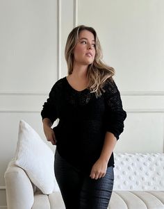 Curve Airy Crochet Sweater Plus Size Tops Black 1XL -2020AVE Oversized Pointelle Knit Chic Top, Chic Oversized Pointelle Knit Top, Chic Open Knit Relaxed Fit Sweater, Chic Open Knit Sweater With Relaxed Fit, Long Sleeve Pointelle Knit Top For Loungewear, Chic Open Knit Sweater For Layering, Trendy Open Knit Top For Fall, Pointelle Knit Sweater For Loungewear In Fall, Fall Pointelle Knit Sweater For Loungewear