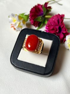 Ring metal is High-Quality Solid 925, Sterling Silver Stone- Natural Red Coral Stone Shape- Oval Weight-  Setting Type- Prong Ring Band- 18k Gold Filled Gems Stone Color- Red It looks small and shiny finished ring has an amazing design The humble ring has been about for years, older than any of us, and still as important as ever. A symbol of eternal love, You can personalize it with your desired birthstone. This ring is perfect to wear alone as a statement ring or stacked with other rings to get Gold Ruby Gemstones For Anniversary, Elegant Diamond Ring As Gift, Red Stone Setting Ring For Gift, Red Stone Setting Ring Gift, Red Stone Setting Ring As Gift, Red Rings With Accent Stones For Gift, Red Rectangular 14k Gold Ring, Red Gemstone Ring For Gift, Fine Jewelry Rings For Gifts With Stone Setting