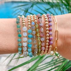 Gold Beaded Bracelet with 9 faceted Amazonite cube gemstones front view - Blooming Lotus Jewelry Circle Beaded Bracelets, Gold Filled Beaded Bracelets, Big Bead Bracelets, Gold Beaded Bracelets, Bead Bra, Gold Beaded Bracelet, Cheap Bracelets, Lotus Jewelry, Stay Golden