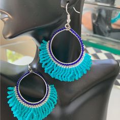 Show Off Your Summer Style With These Fun Fringe Earrings. Blue Beaded Round Hoop Earrings, Handmade Blue Round Hoop Earrings, Blue Dangle Hoop Earrings, Blue Bohemian Hoop Earrings For Party, Bohemian Blue Hoop Earrings For Party, Bohemian Blue Earrings For Party, Blue Round Beaded Earrings With Colorful Beads, Turquoise Beaded Round Earrings, Turquoise Drop Earrings With Colorful Beads