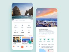 two mobile screens showing hotels and other things on the screen, one with an ocean view