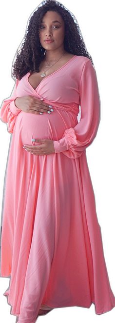 Pink Off-shoulder Dress With Ruched Bodice, Flowy Off-shoulder Maternity Maxi Dress, Maternity Empire Waist Ruched Dress, Ruched Maternity Maxi Dress, Billowy Pink Feminine Dress, Solid Flowy Off-shoulder Dresses, Long Sleeve Summer Maternity Dress For Party, Spring Party Maternity Dress With Ruched Details, Elegant Flowy Pink Maternity Dress