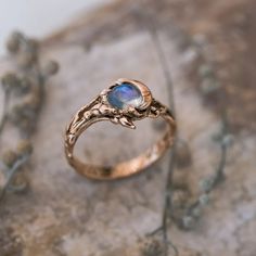 Moon Stone Wedding Ring, Moonstone Promise Ring, Moon Ring Design, Dark Academia Engagement Ring, Copper Engagement Ring, Moon Stone Engagement Ring, Witchy Engagement Ring, Engagement Ring Moon, Juniper Wedding