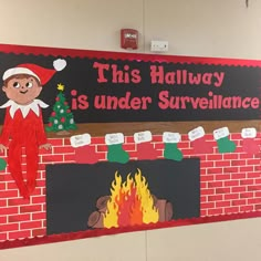 this is an image of a bulletin board for the elf in the hat on fire place